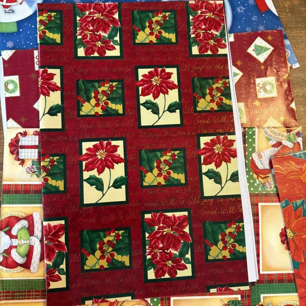 Lot of Flat Christmas Wrapping Paper Poinsettia Santa Wreath Holiday Gift Wrap
